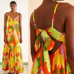 FARM Rio Tropical Neon Parrot Maxi Dress Strappy Colorful XS Bright Vacation